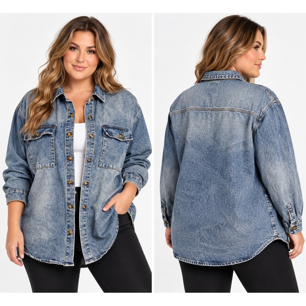 JustFab Womens XXL Blue Acid Wash Denim Shirt Jacket Oversized Cotton Shacket